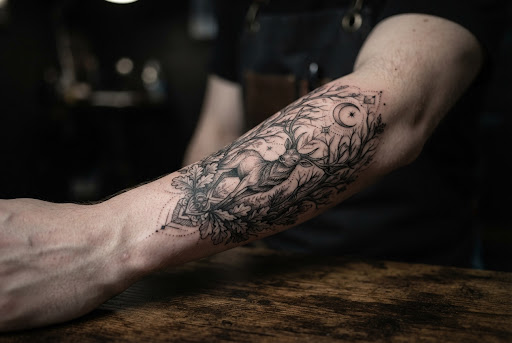 Fine-line y Botánica en antebrazo realizado en Estudio Borart